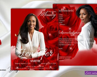 May include: A memorial card design featuring a woman in a white blouse against a red background with roses. The card includes the name "Jennifer Smith", dates, and text that reads "In Loving Memory". The design includes the text "Edit online!"