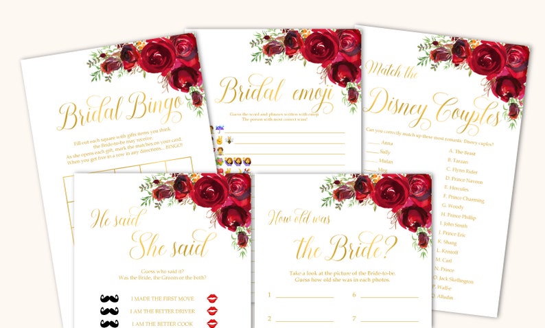 Bridal Shower games bundle Bridal Shower games package Red roses Bridal Shower games bundle gold Bridal shower games printable games set,16