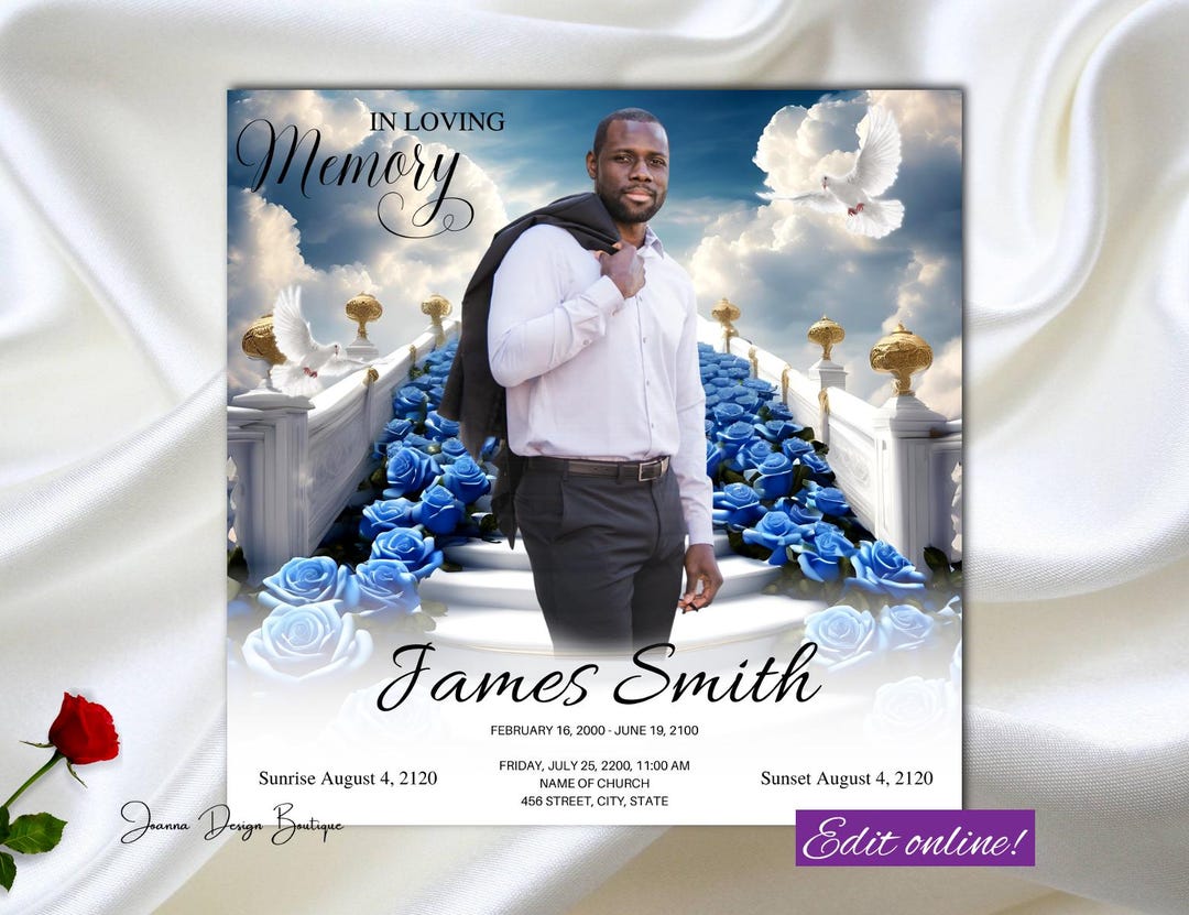 White Blue Roses Funeral Announcement Memorial Invitation Flyer Heaven ...