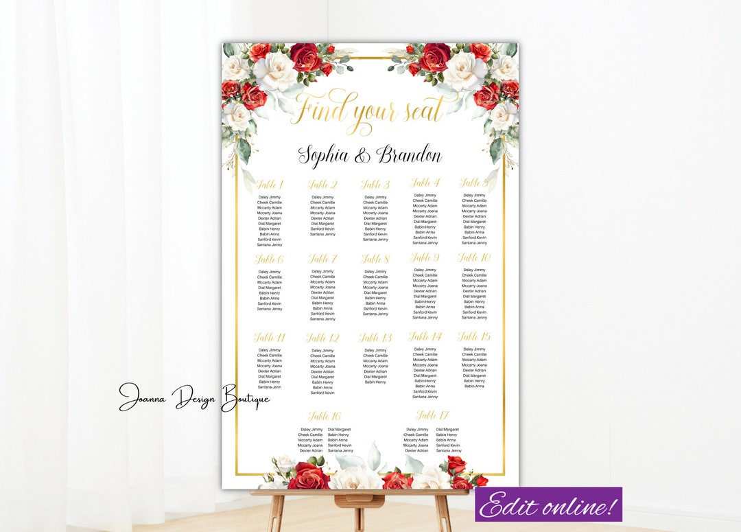 Red Roses Table Seating White Red Roses Seating Chart Template White Cream Ivory Red Roses ...