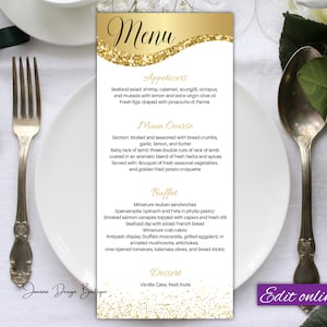 Plantilla de tarjeta de menú dorada Menú con brillo dorado Tarjeta de menú con glamour dorado para bodas Plantilla de tarjeta de menú con glamour Plantilla de tarjeta de menús de cumpleaños,0-002ot