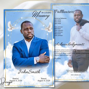Blue Sky Dove Obituary Funeral Program 8 pages Blue Dove Gold Heaven Funeral Program Celebration of Life Order of Service Male 8.5x11,0-108f