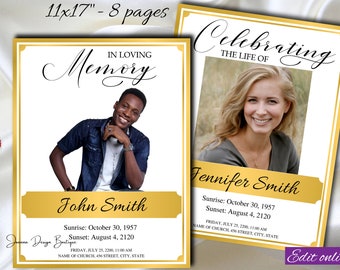 White Gold Funeral Program 11x17 8 pages Gold Memorial Service Program White Gold Obituary Order of Service Memory Tabloid Ledger male femal