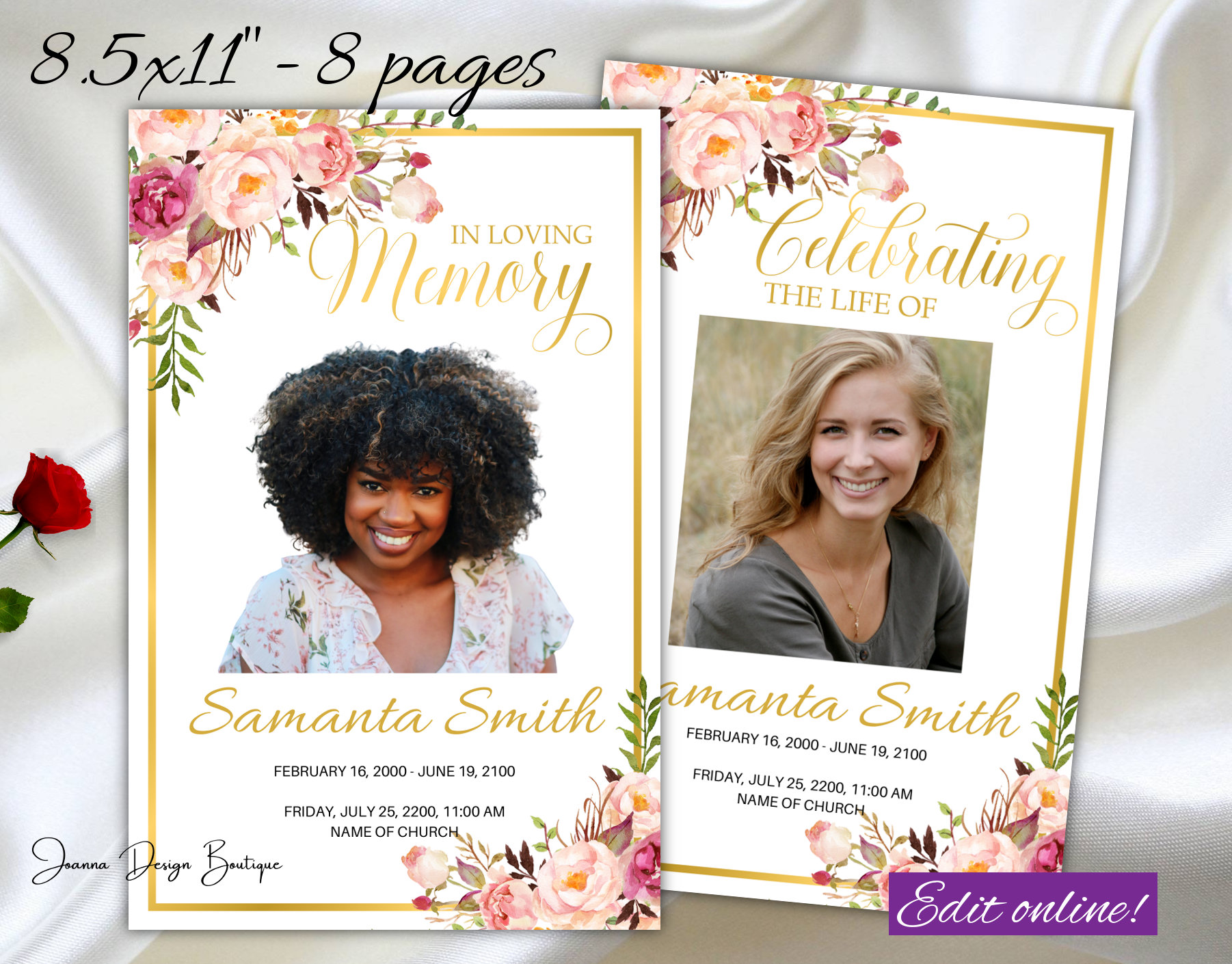 Blush Flowers Funeral Program Roses Memorial Service Program Template for Women Pastel Obituary Celebration of Life 8 pages Memory Female