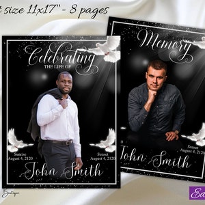 Black Silver Obituary Funeral Program 11x17 8 Pages Male Men&#39;s Dove Obituary Heaven Celebration of Life Order of Service Tabloid,1-005f
