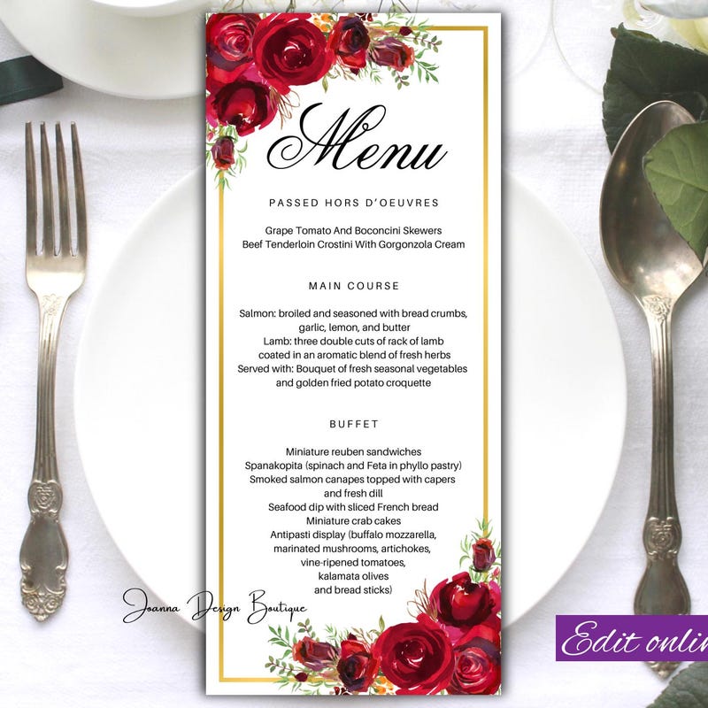 Red Rose Wedding Menu - Etsy