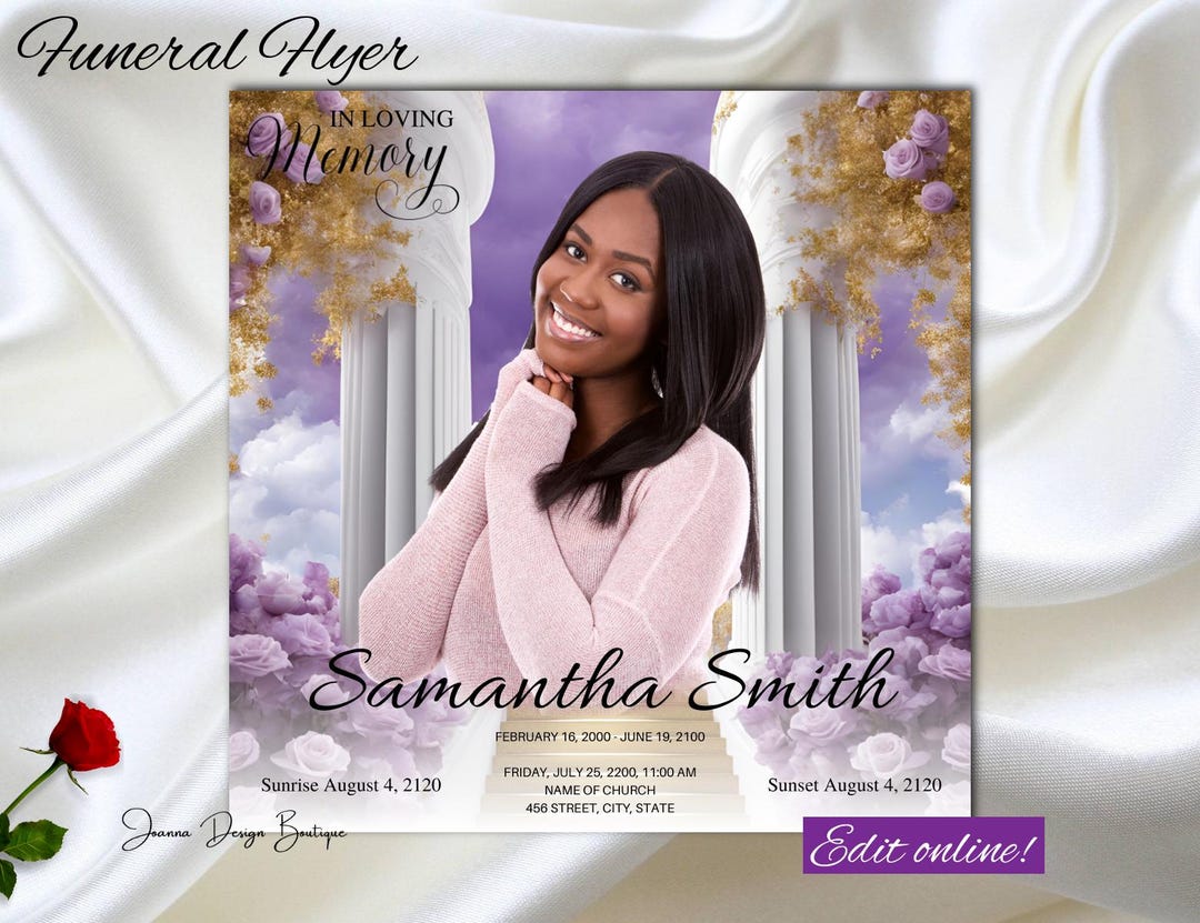Purple Roses Funeral Announcement Flyer Memorial Invitation White Roses ...