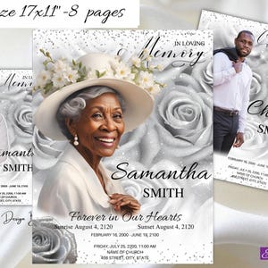 Programa funerario de Silver Obituary 11x17 8 páginas Rosas plateadas masculinas Obituario Celebración de la vida Orden del servicio Servicio conmemorativo legal, 0-147f