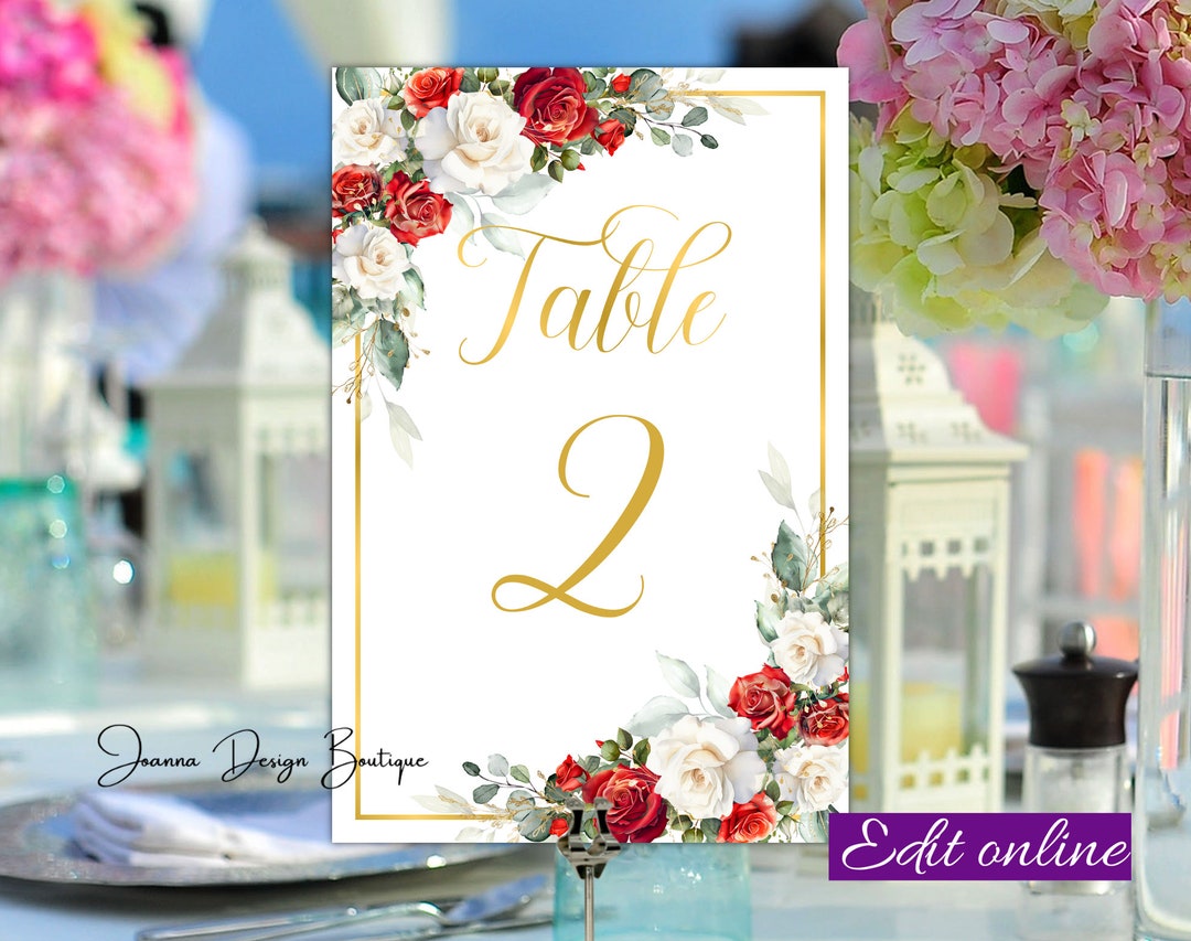 White Red Roses Table Numbers Printable White Red Flowers Table Numbers