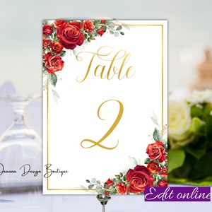 Números de mesa de rosas vermelhas para impressão Números de mesa de flores vermelhas para impressão Números de mesa florais vermelhos Modelo de cartões de números de mesa de ouro vermelho, 166o