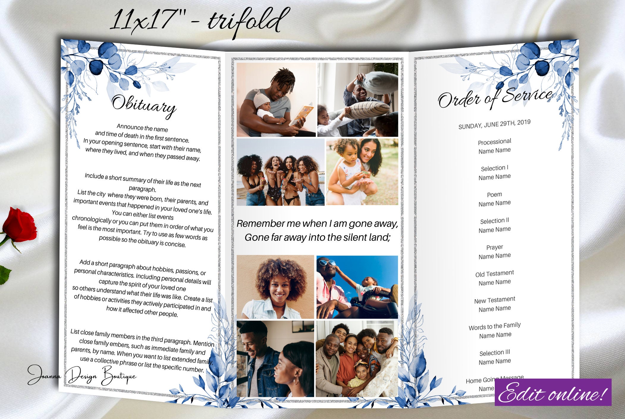 Blue Funeral Program Template Trifold Navy Blue Memorial Etsy