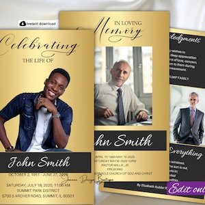 Funeral Program Template Gold Funeral Program for Man Men Gold Memorial Service Program Printable Obituary Program Memory Celebration of lif