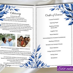 May include: A blue and silver funeral program template with a watercolor floral design. The program includes sections for the obituary, order of service, and family and friends remarks.