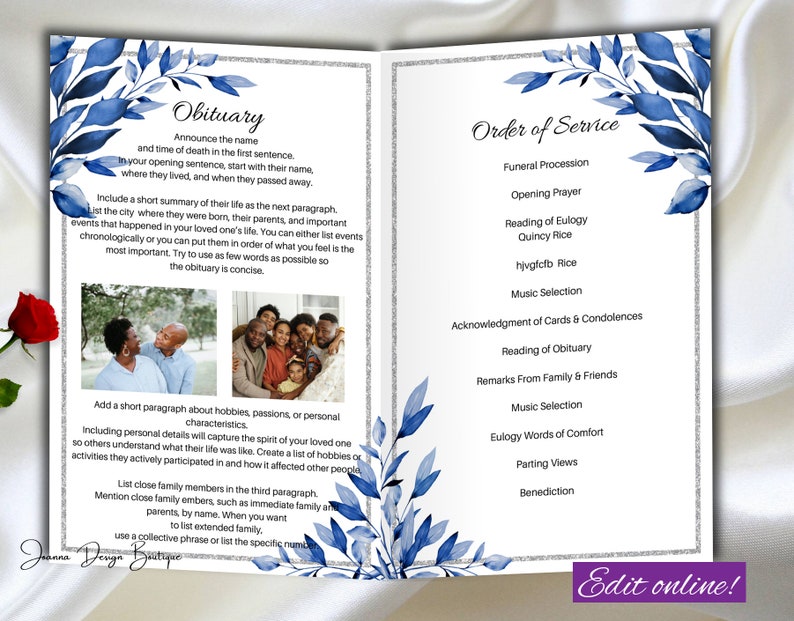 May include: A blue and silver funeral program template with a watercolor floral design. The program includes sections for the obituary, order of service, and family and friends remarks.