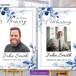 May include: Two printable memorial signs featuring blue watercolour floral designs. The signs include a photo placeholder and the text "In Loving Memory" and "Celebrating". The text "John Smith" and the dates "February 16, 2000 - June 19, 2100" are also included.