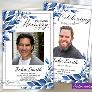 May include: Two memorial cards with blue watercolor leaves and a silver glitter border. Each card features a photo of a man and the text "In Loving Memory" and "Celebrating the Life of". The cards include the name "John Smith", dates, and information about a memorial service.