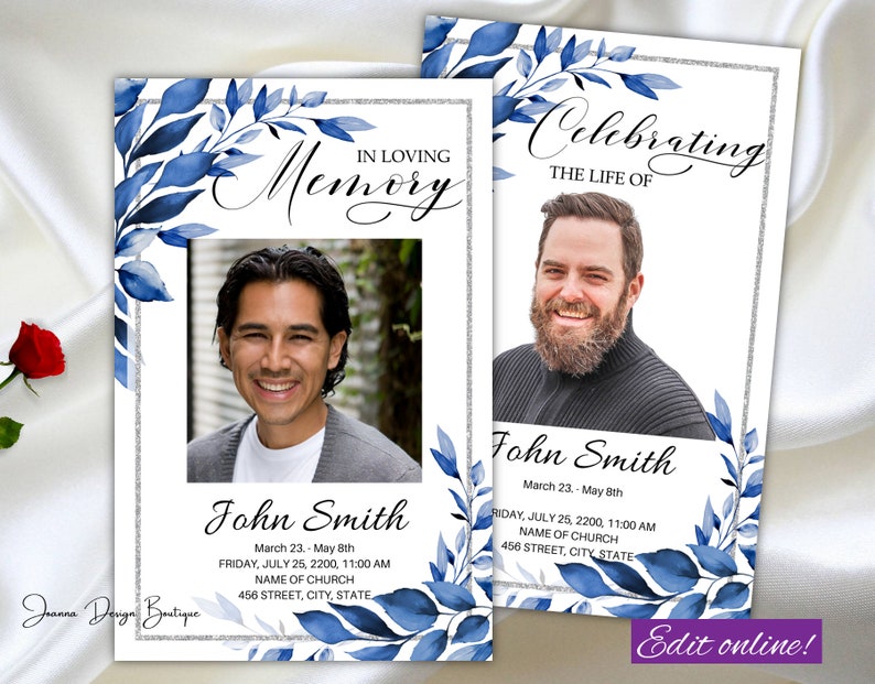 May include: Two memorial cards with blue watercolor leaves and a silver glitter border. Each card features a photo of a man and the text "In Loving Memory" and "Celebrating the Life of". The cards include the name "John Smith", dates, and information about a memorial service.