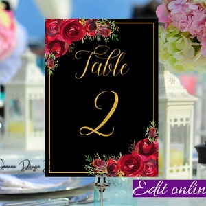 Roses rouges Numéros de table noirs imprimables fleurs rouges numéros de table en or imprimables numéros de table rouges floraux numéros de table en or imprimables, 16bo