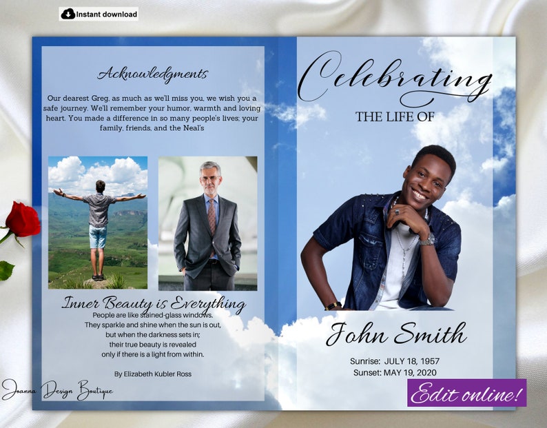 Funeral Program Template Blue Funeral Program for Man Men Blue Etsy