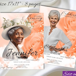 Peut inclure: Deux cartes commémoratives avec des roses pêche et du texte blanc. Le texte de la carte de gauche indique "En souvenir affectueux Jennifer Smith" avec des dates et une adresse d'église. Le texte de la carte de droite indique "Célébration de la vie de Samantha Smith" avec des dates et une adresse d'église.