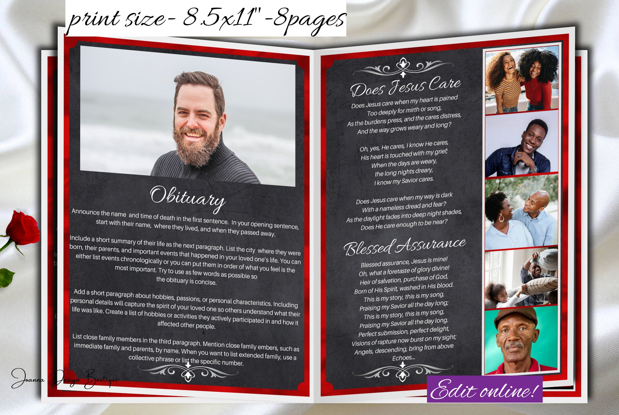 Red Black Funeral Obituary Program Template 8.5x11 8 Etsy