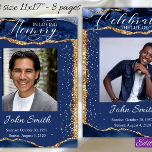 Navy Blue Funeral Program Template Obituary Program Modern Elegant 11x17 8 Pages Male Men Memorial Service Order of Service Ledger Tabloid