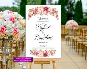 Blumen Hochzeit Willkommensschild druckbare Hochzeit Willkommensschild druckbare Boho Hochzeit Willkommensschild Pfingstrose Hochzeit Willkommensschild Hochzeit Zeichen, 31k