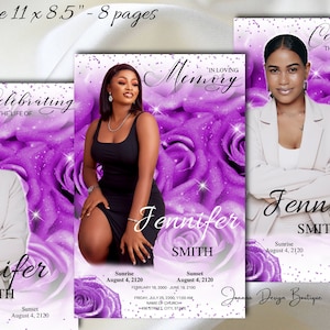 Obituario del programa funerario Purple Roses 8.5x11 Obituario morado Programa funerario Carta de orden de servicio del servicio conmemorativo Purple Glitter, 1-002f