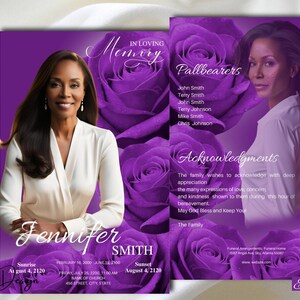 Purple Roses Obituary Funeral Program Purple Sky Obituary Purple Lavender Heaven Obituary Memorial Service Order of Service 8.5x11,1-002f