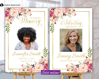 Blush Flowers Memorial Sign Funeral Sign Celebration of Life Sign Blush Obituary Poster Template Memorial Service Sign Order of Service,31f