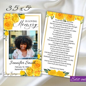 Modèle de carte de prière de roses jaunes Service commémoratif de carte commémorative de roses jaunes dans la carte de messe d'église de carte de mémoire aimante, 0-001f