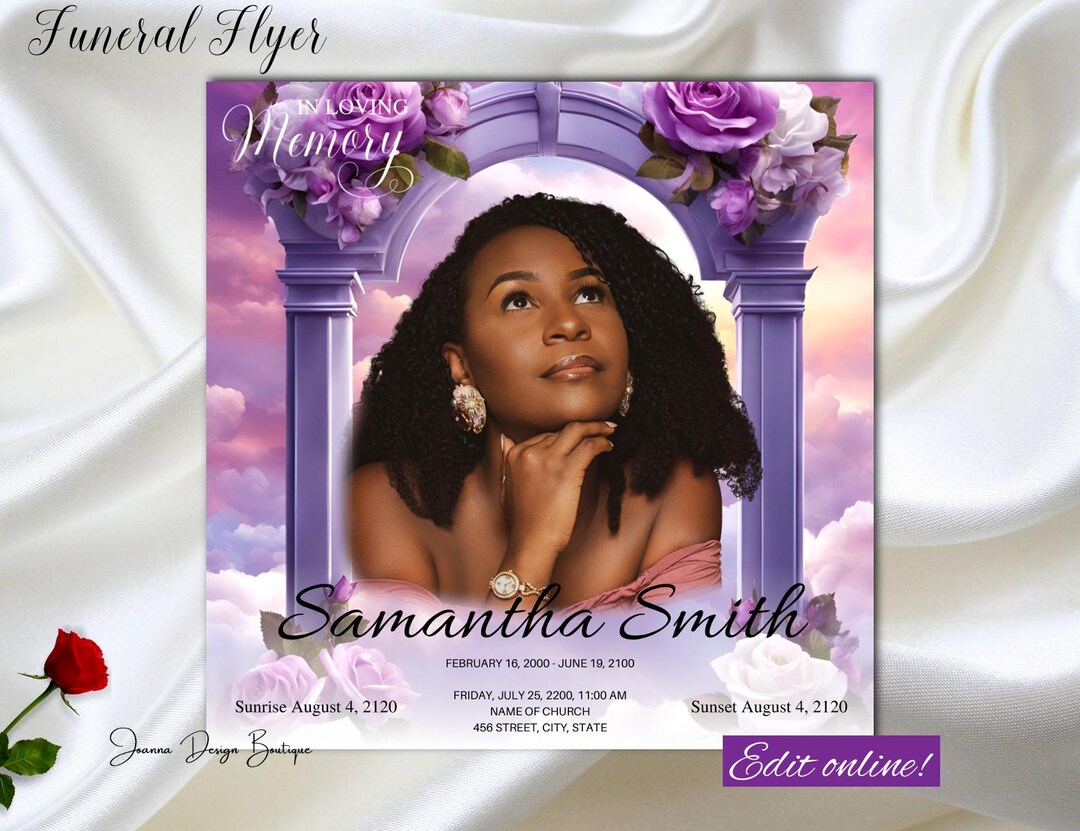 Purple Roses Funeral Announcement Flyer Memorial Invitation White Roses ...