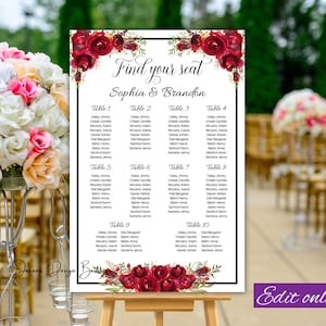 Red roses seating chart template red flowers wedding seating chart red roses table plan red black seating chart floral red seating chart,16