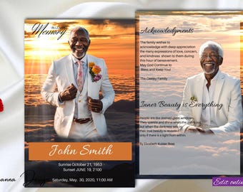Orange Sunset Funeral Program Obituary Template Sky Funeral Program for Man Woman Sunset Sky Memorial Service Male  Order of Service, 1-004f