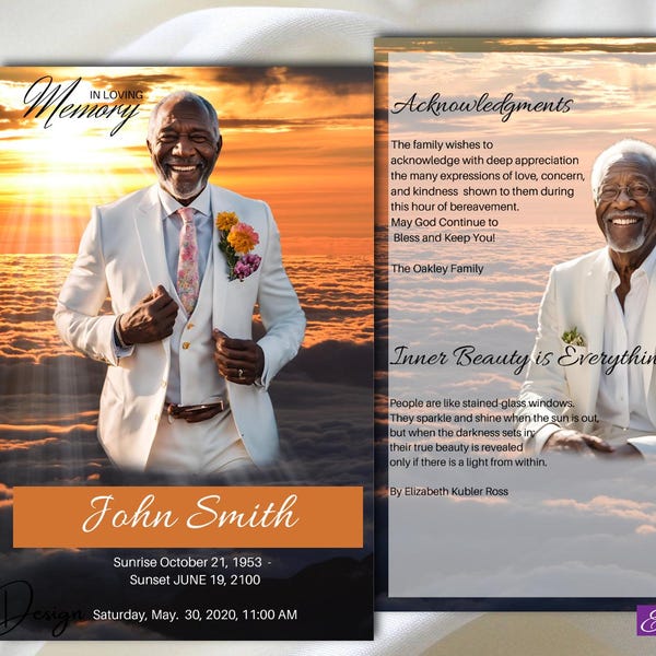 Orange Sunset Funeral Program Obituary Template Sky Funeral Program for Man Woman Sunset Sky Memorial Service Male  Order of Service, 1-004f