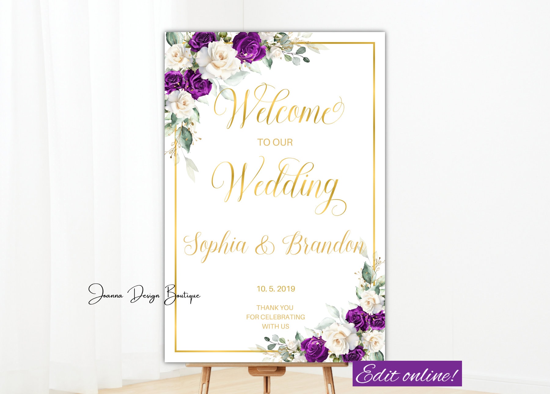 Purple White Roses Wedding Welcome Sign Purple Cream Ivory Roses ...