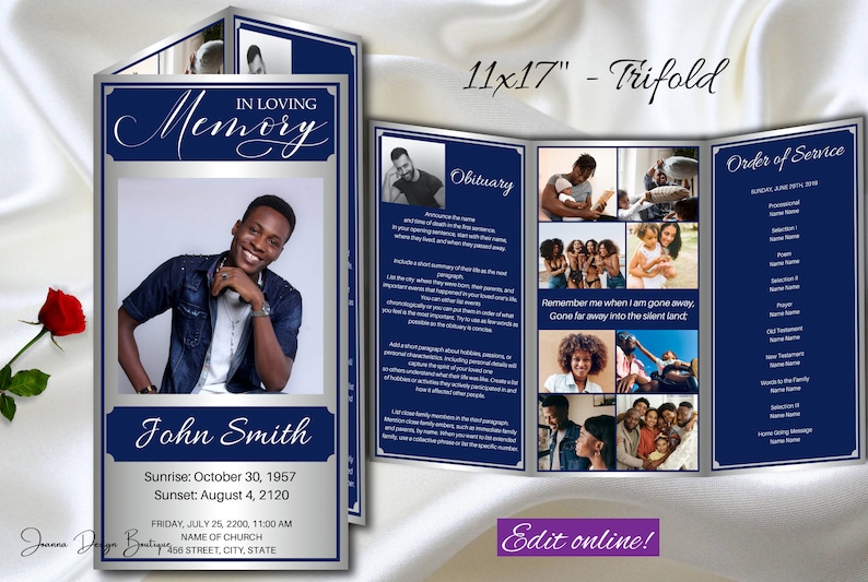 Blue Funeral Obituary Program Template Trifold Navy Blue Etsy