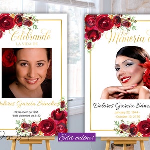 En Memoria De Celebrando La Vida De Red Roses Funeral Welcome Sign Poster Spanish Floral Memorial Service Welcome Sign for Women Obituary