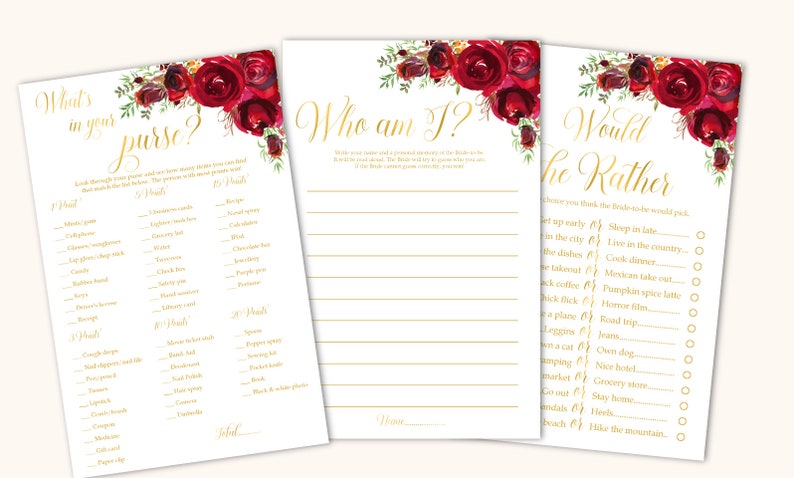 Bridal Shower games bundle Bridal Shower games package Red roses Bridal Shower games bundle gold Bridal shower games printable games set,16