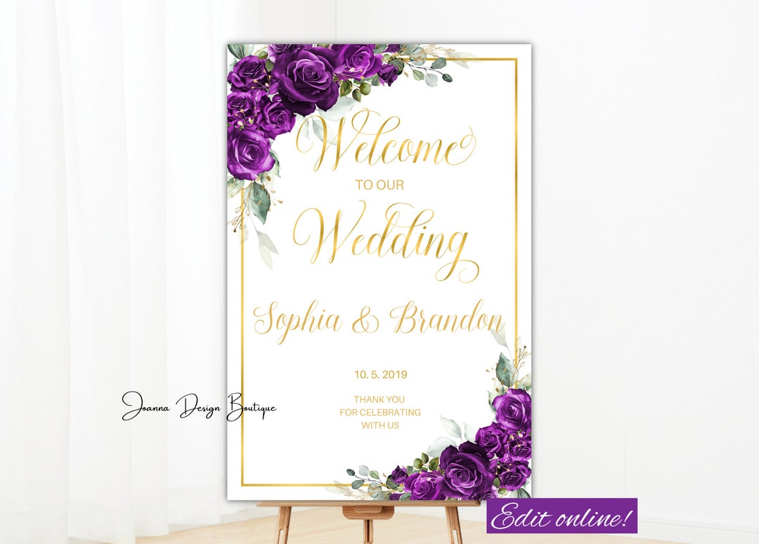Purple Roses Wedding Welcome Sign Purple Roses Flowers Wedding Welcome ...