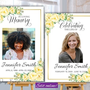 以下が含まれることがあります： 黄色の花の縁取りが施された白い写真メモリアルサインが2つ。サインは金色のフレームで、女性の写真と「In Loving Memory」と「Celebrating the Life Of」のテキスト、そして「Jennifer Smith」という名前と生年月日と死亡日が書かれています。