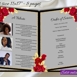 Red Roses Funeral Program Red Gold Black Obituary Tabloid Program ...