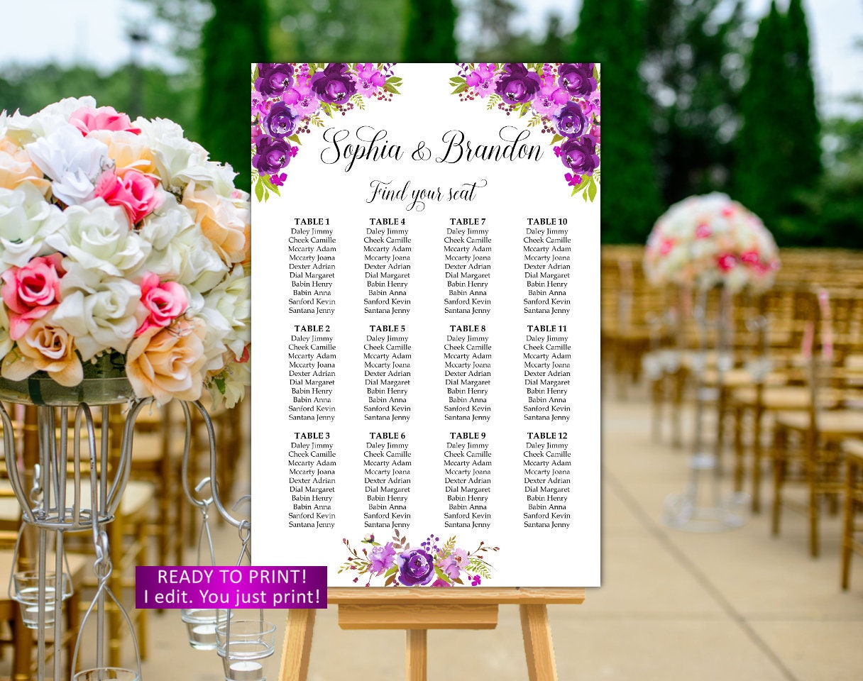 Purple Wedding Seating Chart Printable Floral Violet Wedding Etsy