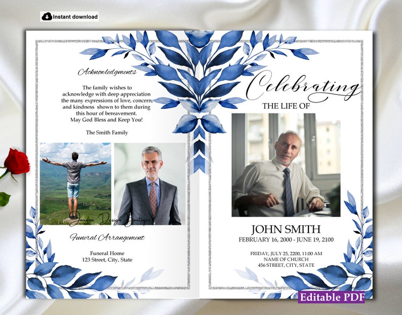 Funeral Program Template Blue Funeral Program For Man Men Blue Etsy