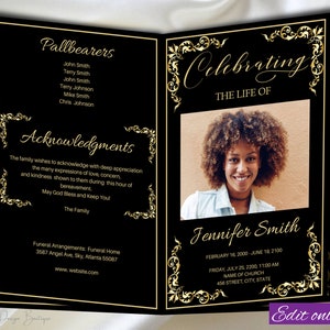 May include: Black and gold funeral program with a photo of a woman and the text "Celebrating the Life of Jennifer Smith". The program includes the dates of birth and death, funeral arrangements, and a section for acknowledgments.