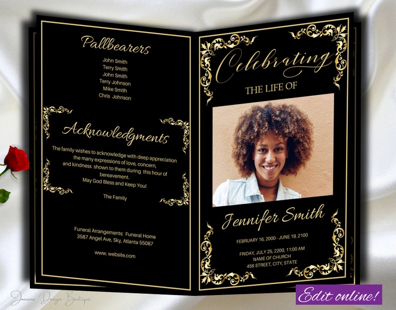 May include: Black and gold funeral program with a photo of a woman and the text "Celebrating the Life of Jennifer Smith". The program includes the dates of birth and death, funeral arrangements, and a section for acknowledgments.