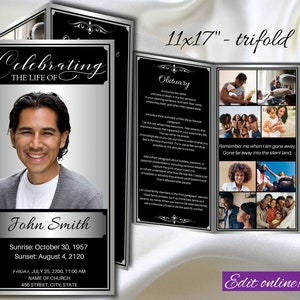 Black Silver Funeral Program Template Trifold Silver Memorial Service Program Obituary Ledger Order of Service Memorial Male Tabloid,0-031f