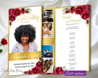 Funeral Program for Women Trifold  Red Roses Funeral Program with Red Roses Memorial Service Program Floral Obituary Program Celebration of
