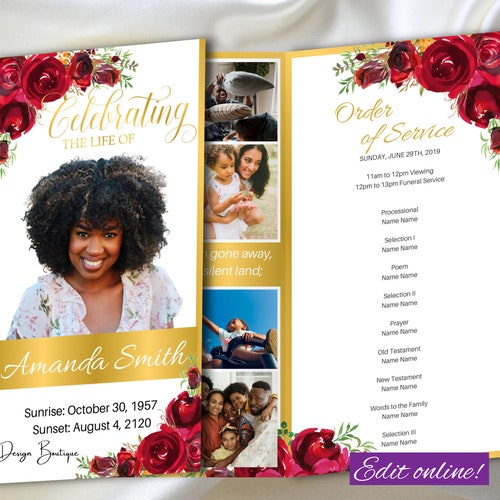 Red Roses Funeral Program Floral Gold Funeral Program for - Etsy