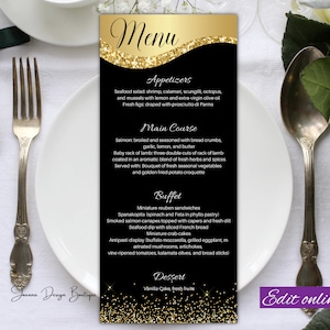 Modèle de carte de menu en or noir Menu en or noir Carte de menu de paillettes d'or de mariage Modèle de carte de menu glamour Modèle de carte de menus d'anniversaire, 0-001ot